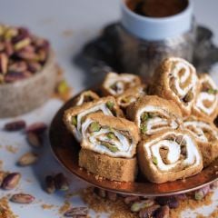 Wrapped Turkish Delight with Caramel Biscuits and Pistachios